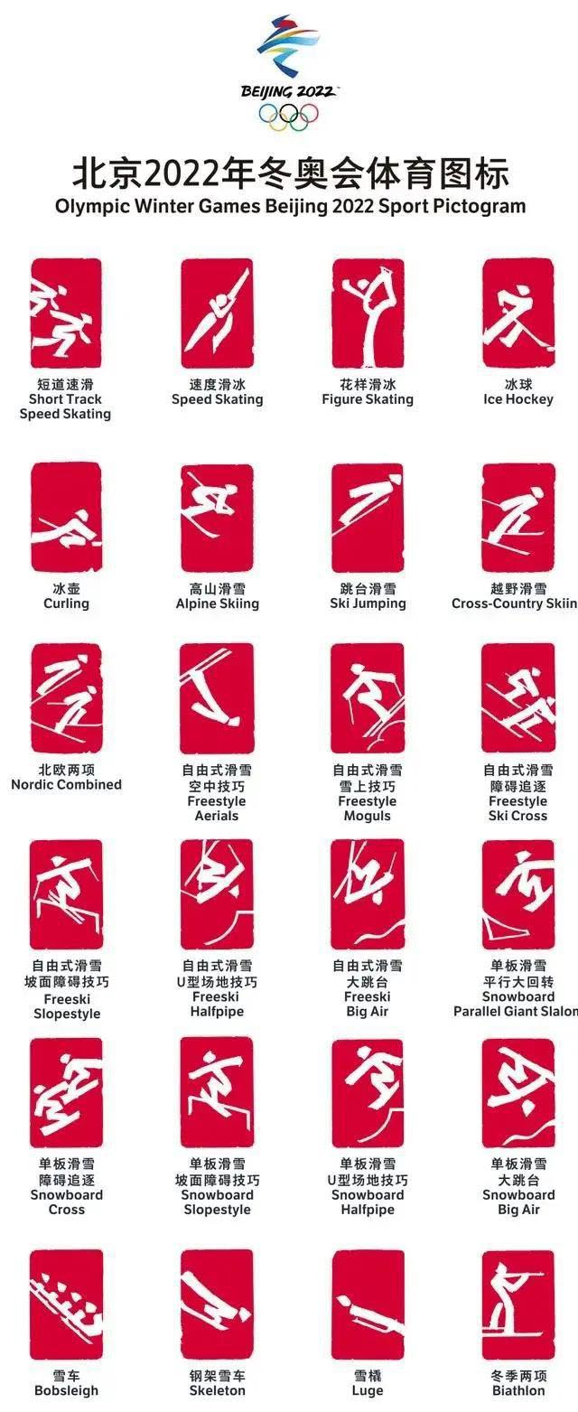 Бейжің қысқы Олимпиада ойындарының спорт белгішелері: мөр оюы мен қытайша әріптер біріктірілген