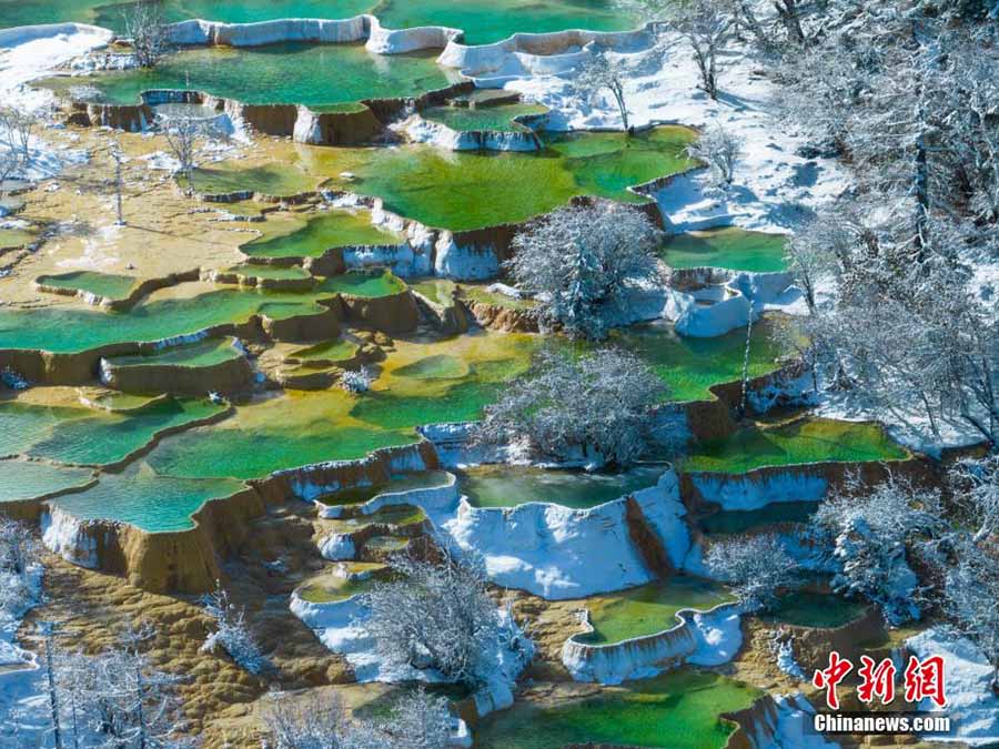 Сычуань өлкесінің Хуанлун өңірі алғашқы қардан кейін «Ертегі әлеміне» айналды